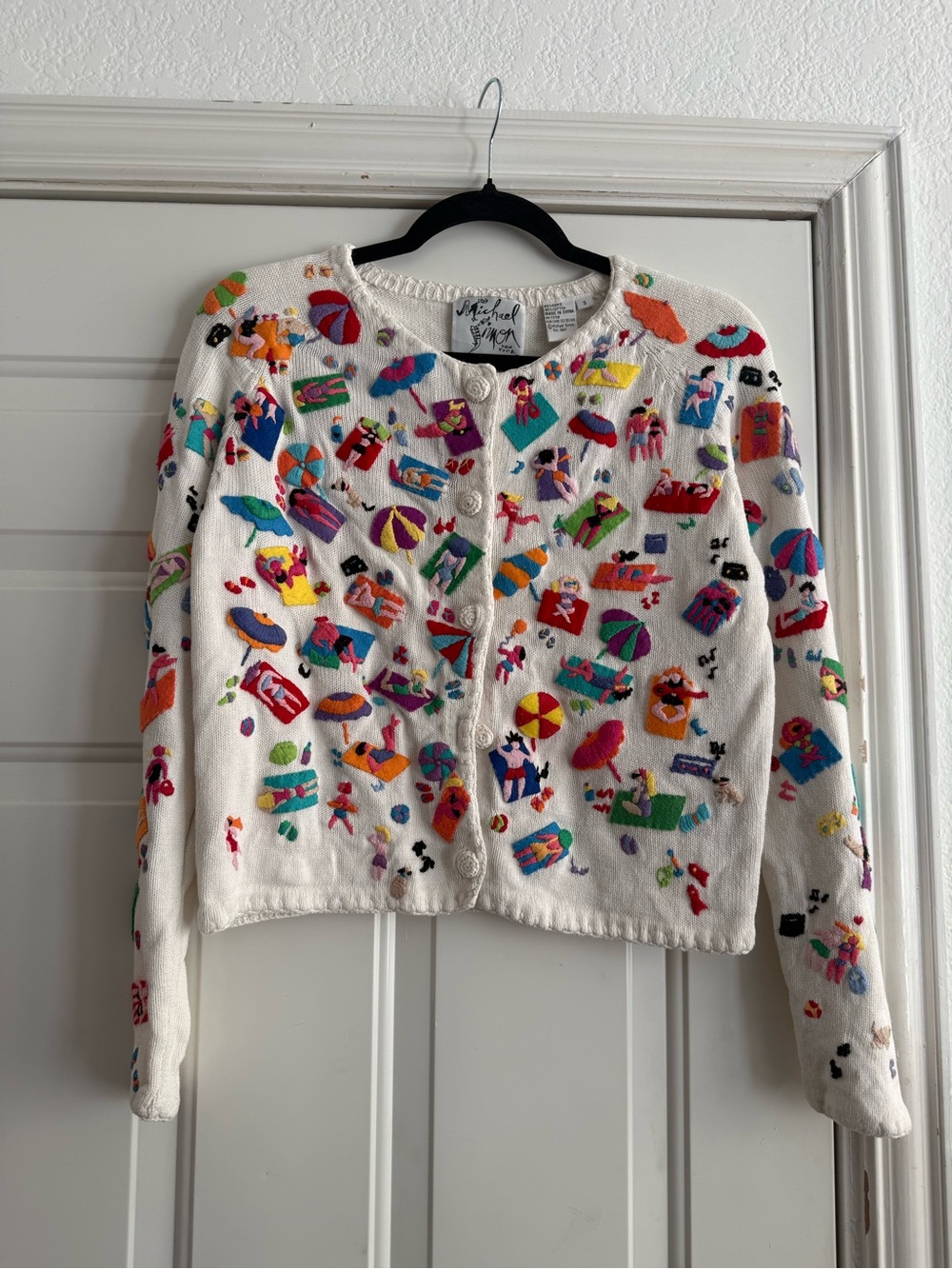 Michael Simon White Cardigan with Multicolor Beach Embroidery